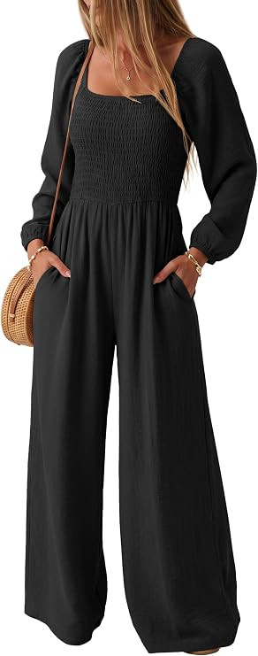 Lepunuo Womens Overalls Fall Long Sleeve Wide Leg Long Pant Rompers | Elastic Waist, Shoulder Str... | Amazon (US)