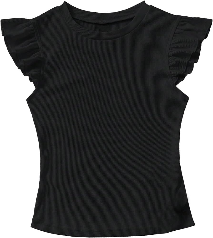Floerns Women's Casual Ruffle Trim Cap Sleeve Round Neck Rib Knit Tee Shirt | Amazon (US)