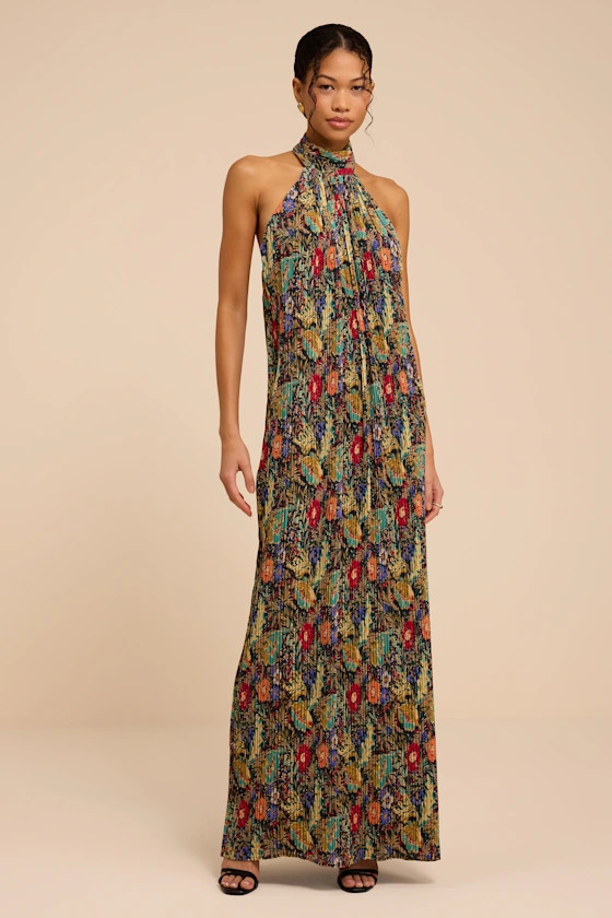Marta Multi Floral Pleated Backless Maxi Dress | Lulus