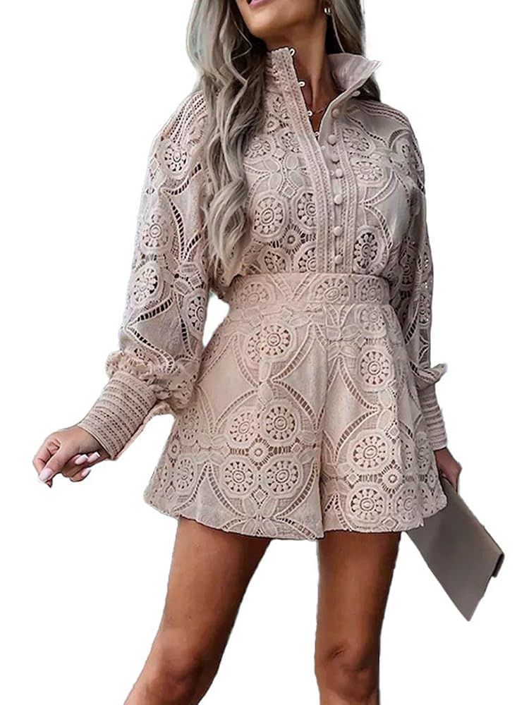 utcoco Womens 2025 Summer Eyelet Lace Two Piece Patterned Long Sleeve Tops Shorts Set | Amazon (US)