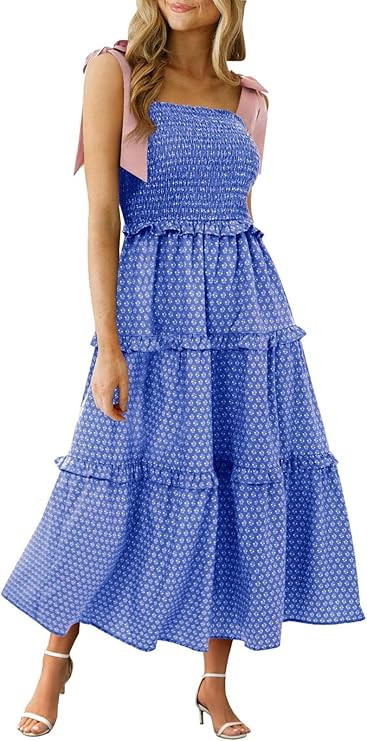 Wenrine Womens Summer Floral Maxi Dress Smocked Tie Shoulder Boho Sleeveless Ruffle Tiered Casual... | Amazon (US)