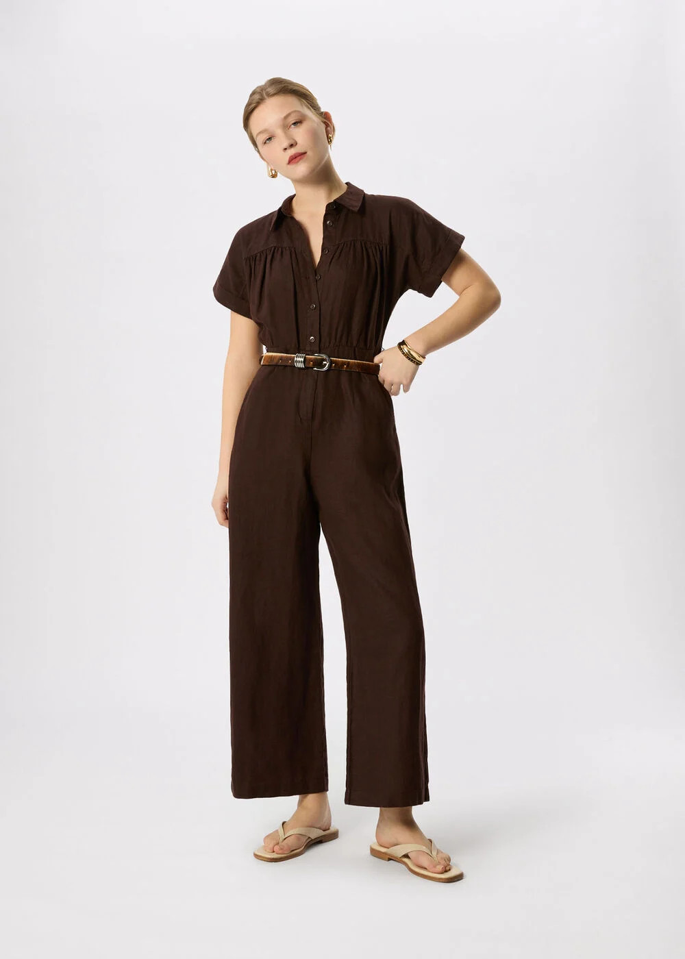 Brown Utility Linen Jumpsuit | WHISTLES | Whistles UK | | Whistles