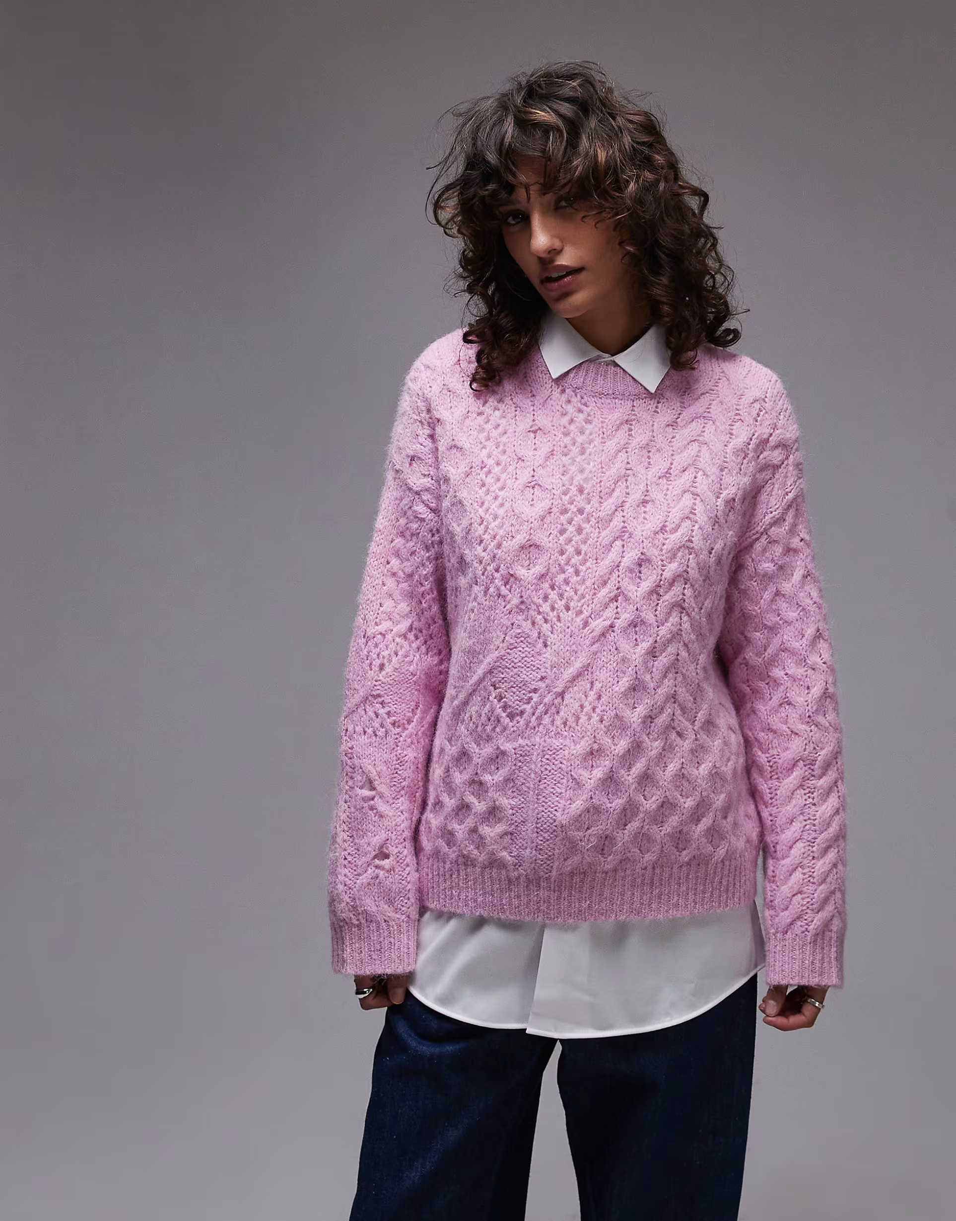 Topshop knitted lofty cable relaxed jumper in pink | ASOS | ASOS (Global)