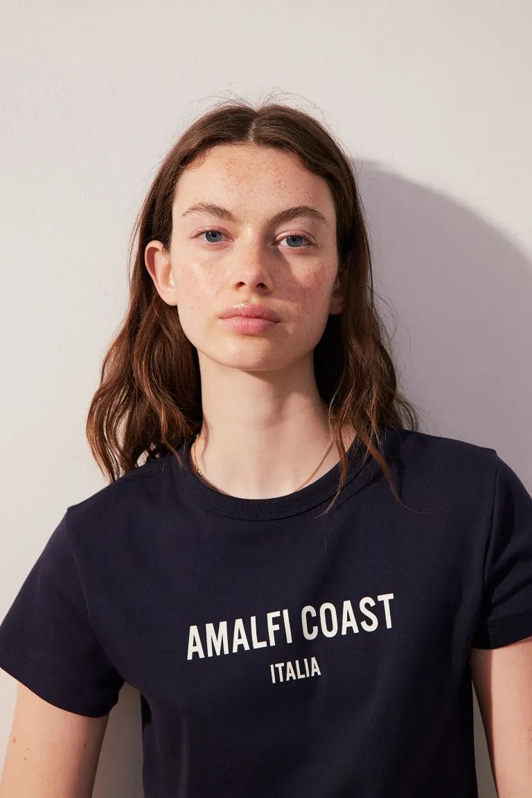 Fitted Cotton T-shirt - Navy blue/Amalfi Coast - Ladies | H&M US | H&M (US + CA)