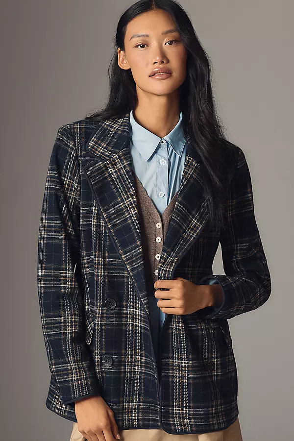 Double-Breasted Knit Plaid Blazer Jacket | Anthropologie (US)