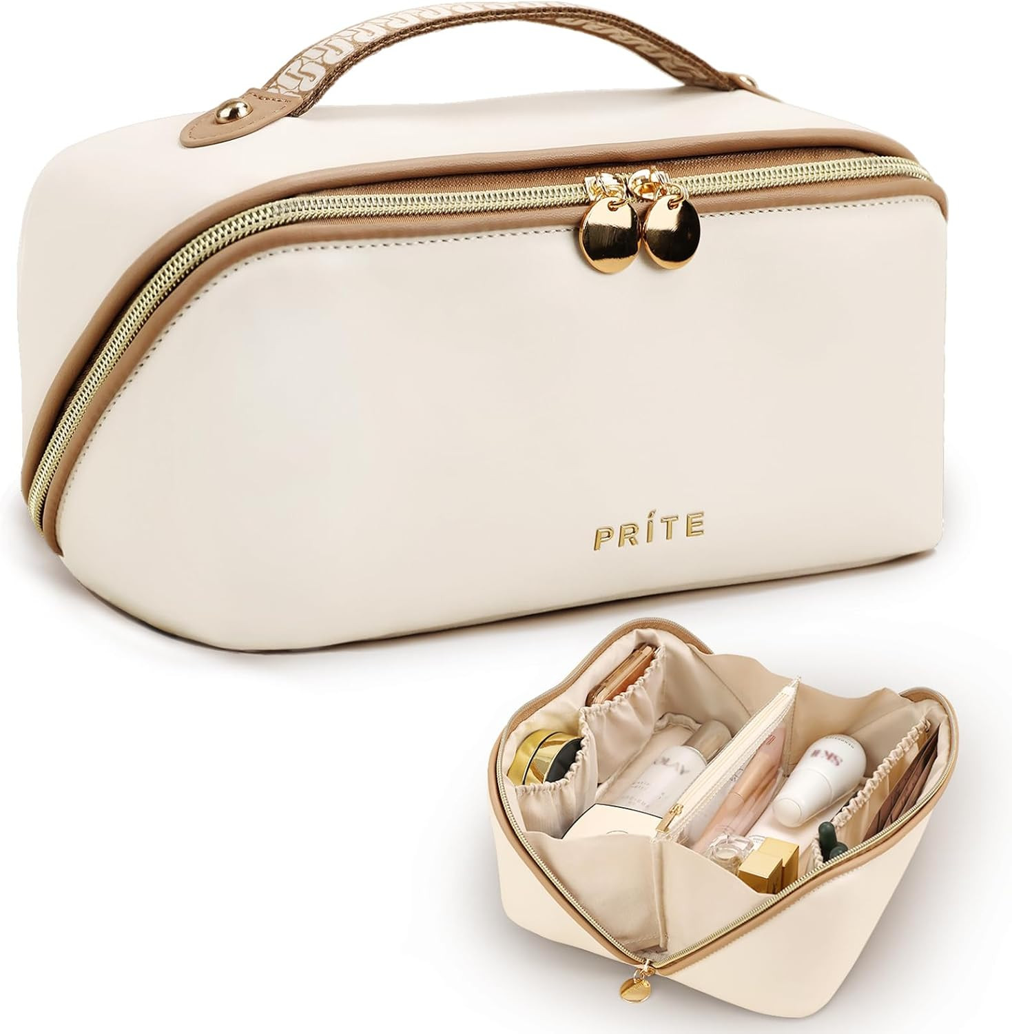 Prite Large Capacity Cosmetic Bag for Women Portable Waterproof PU Leather Makeup Bag Open Flat M... | Amazon (US)