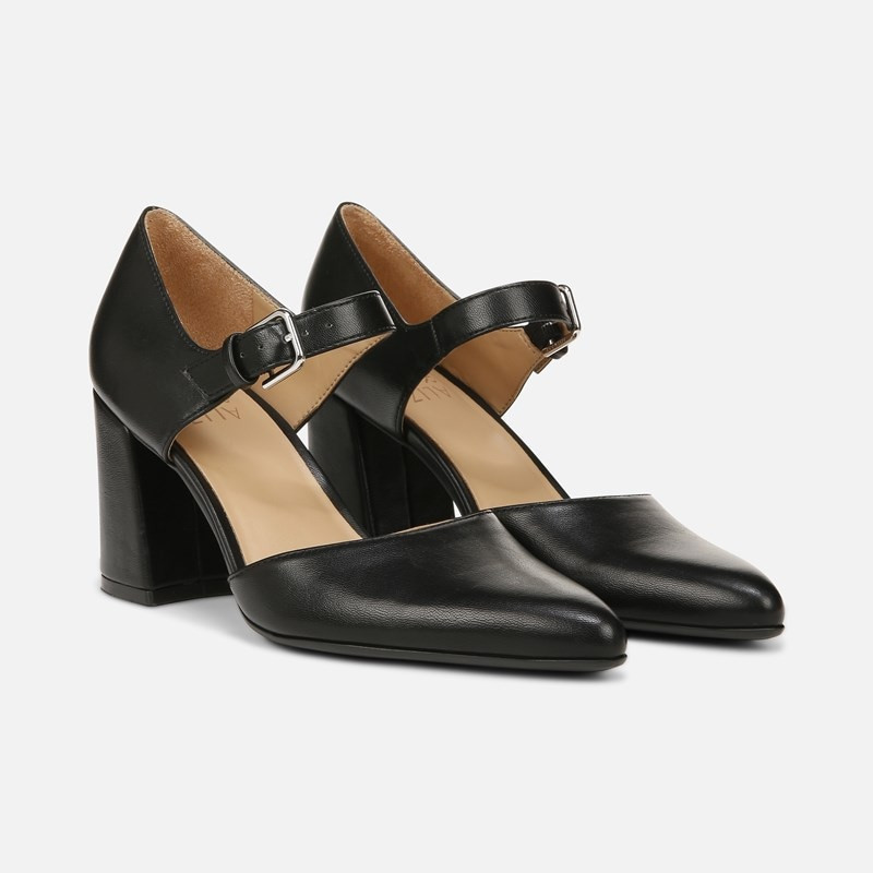Naturalizer Pixie Mary Jane Shoes, Black Synthetic, 9.0W Almond Toe, Block Heels | Naturalizer