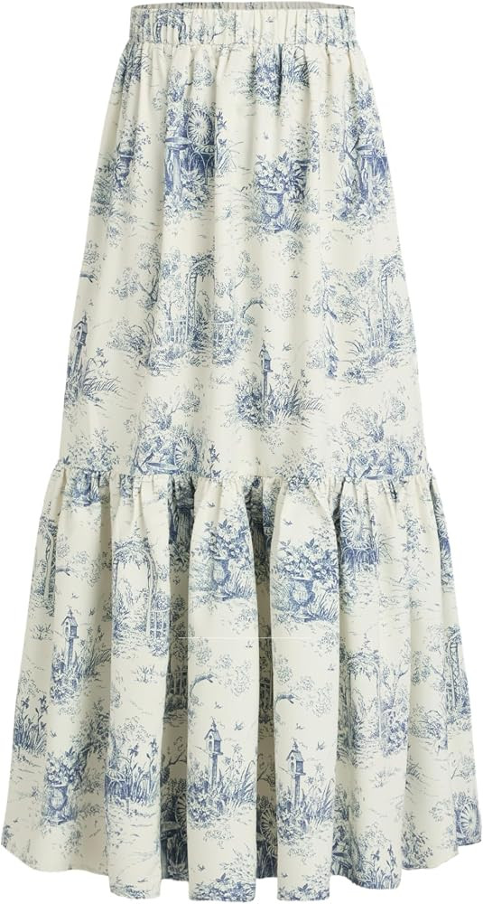 CIDER Santorini Beach Vacation Mid Rise Toile De Jouy Ruffle Hem Midi Skirt | Amazon (US)