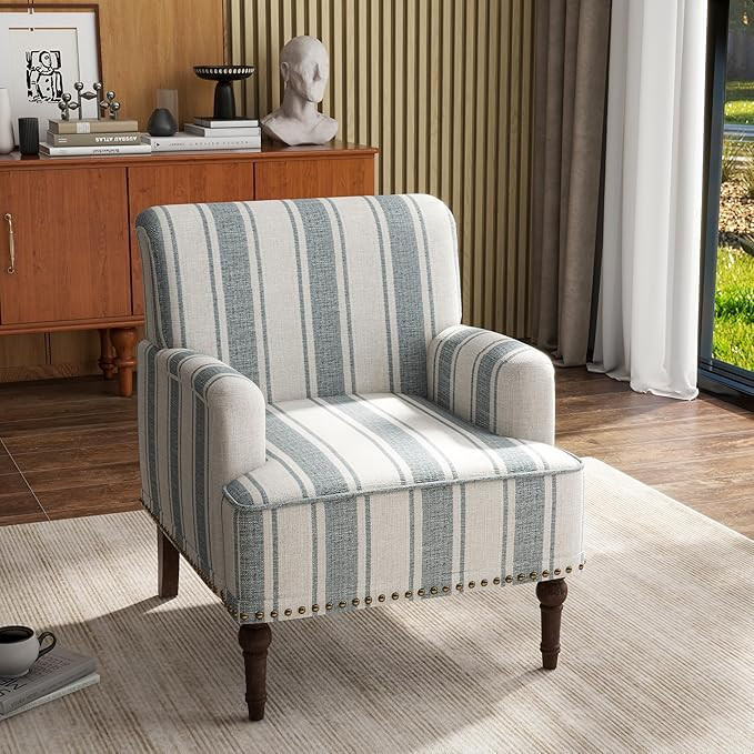 Stripe Accent Chair, Living Room Arm Chairs Modern Nailhead Trim Club Armchair with Wood Legs, Co... | Amazon (US)