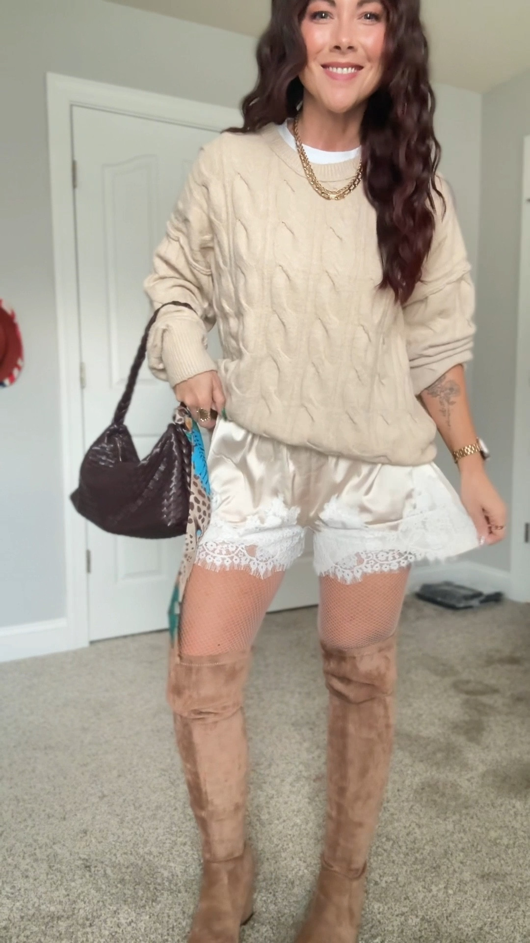 Whoever decided to take the lace mini skirt trend and turn it into shorts is my hero. So much more comfortable and practical to wear! Mine are a medium and they hit at my belly button and don’t squeeze - perfection. Would be a great comfy cute thanksgiving outfit!!

Lace shorts. Silk shorts. Chunky knit. Thigh high boots. Mermaid hair. Wavy hair. 

#LTKFindsUnder50 #LTKHoliday #LTKSaleAlert
