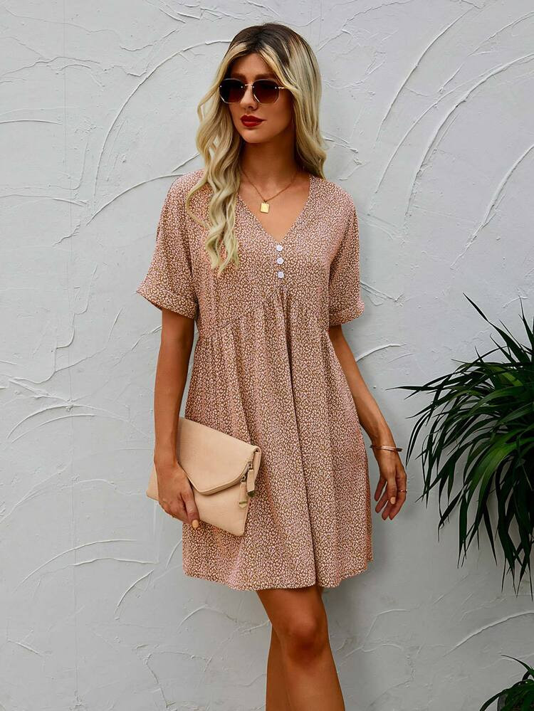 V-neck Rolled Cuff Babydoll Dress | SHEIN
