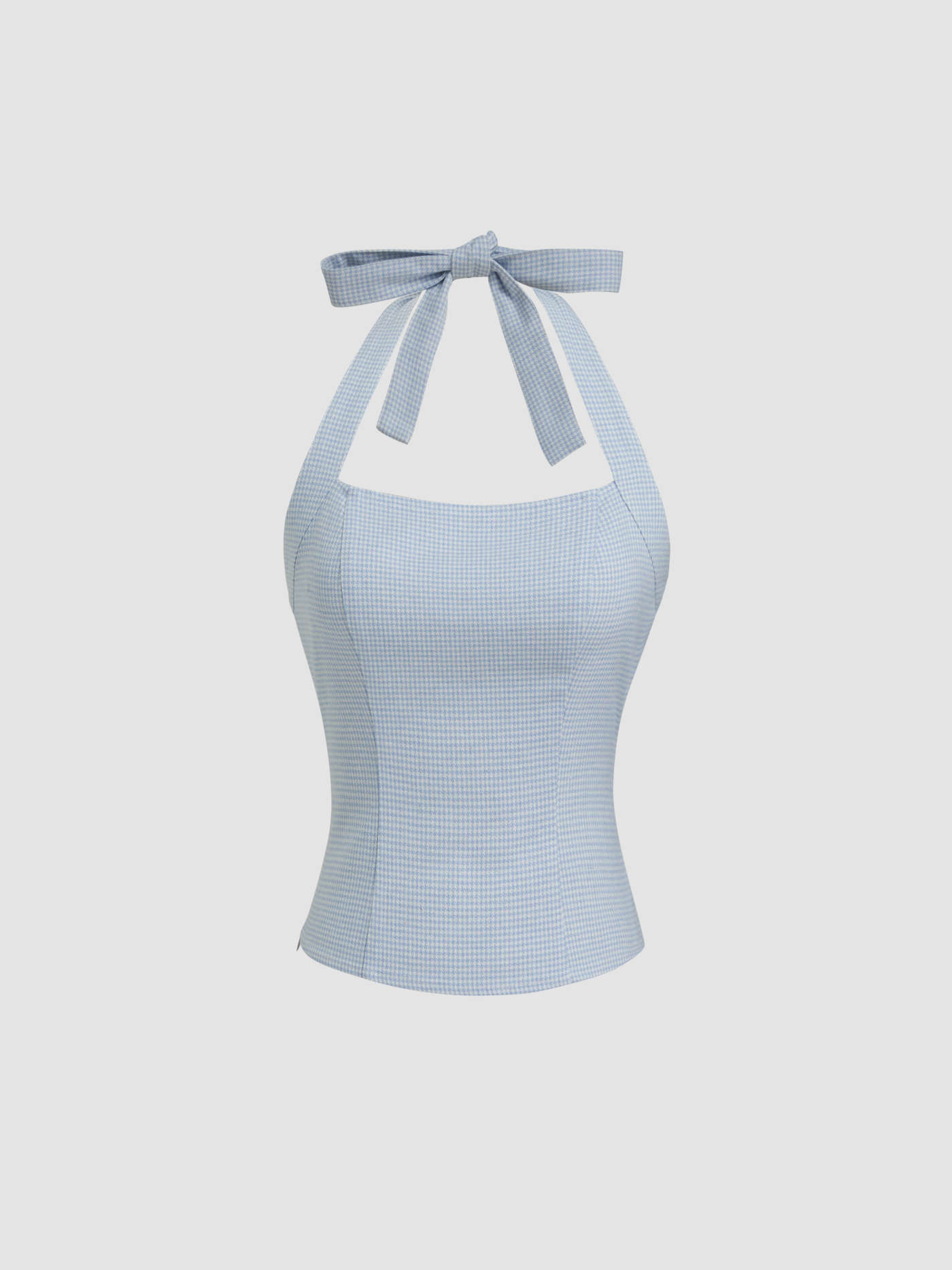 Linen-blend Halter Neckline Houndstooth Knotted Tank Top | Cider