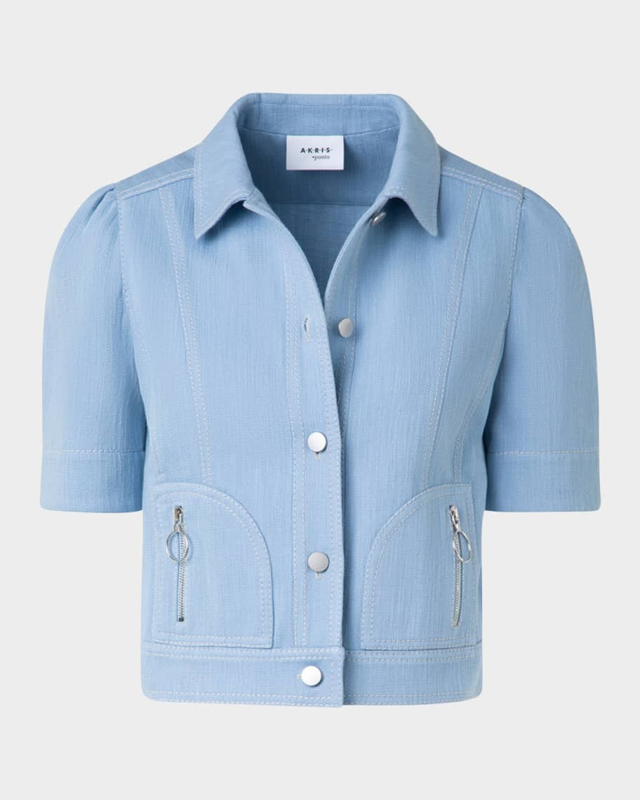 Akris punto Zip-Pocket Short-Sleeve Denim Jacket | Neiman Marcus