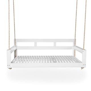 White 2-Person Acacia Wood Porch Swing Bed with High Back and Armrests and 118 in. Hemp Ropes | The Home Depot