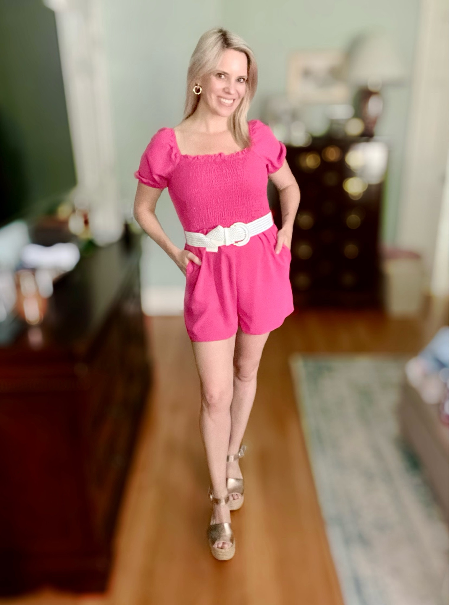 Pink smocked romper size M, white braided belt 

#LTKOver40 #LTKFindsUnder50 #LTKFindsUnder100