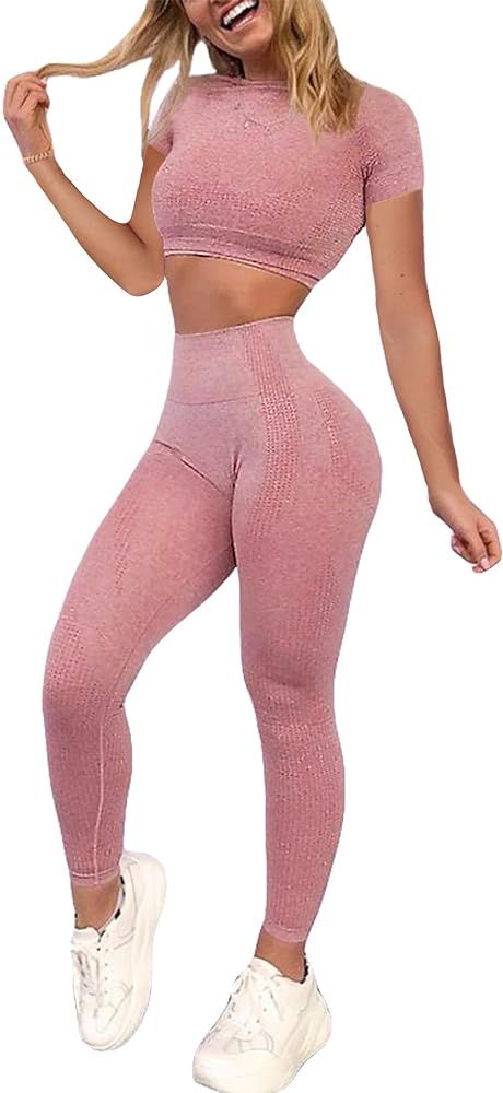 YOFIT Women's Workout Outfit 2 Pieces Seamless High Waist Yoga Leggings with Long Sleeve Crop Top... | Amazon (US)