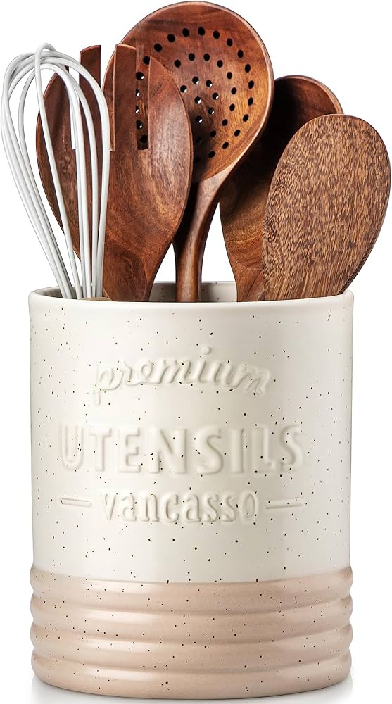 vancasso Sabine Utensil holders for kitchen Counter, 6.2 in Small Ceramic Utensil Crock Storage, Cre | Amazon (US)