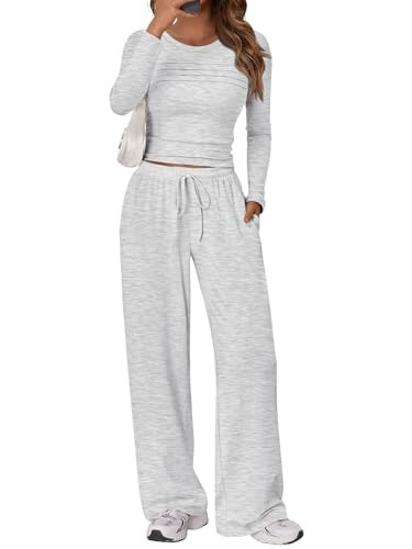 Trendy Queen Womens 2 Piece Lounge Sets Long Sleeve Slightly Crop Top Wide Leg Pants Casual Sweatsuit Matching Outfits Gray L | Amazon (US)