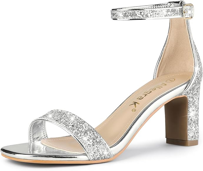 Allegra K Women's Glitter Ankle Strap Chunky Heeled Sandals | Amazon (US)