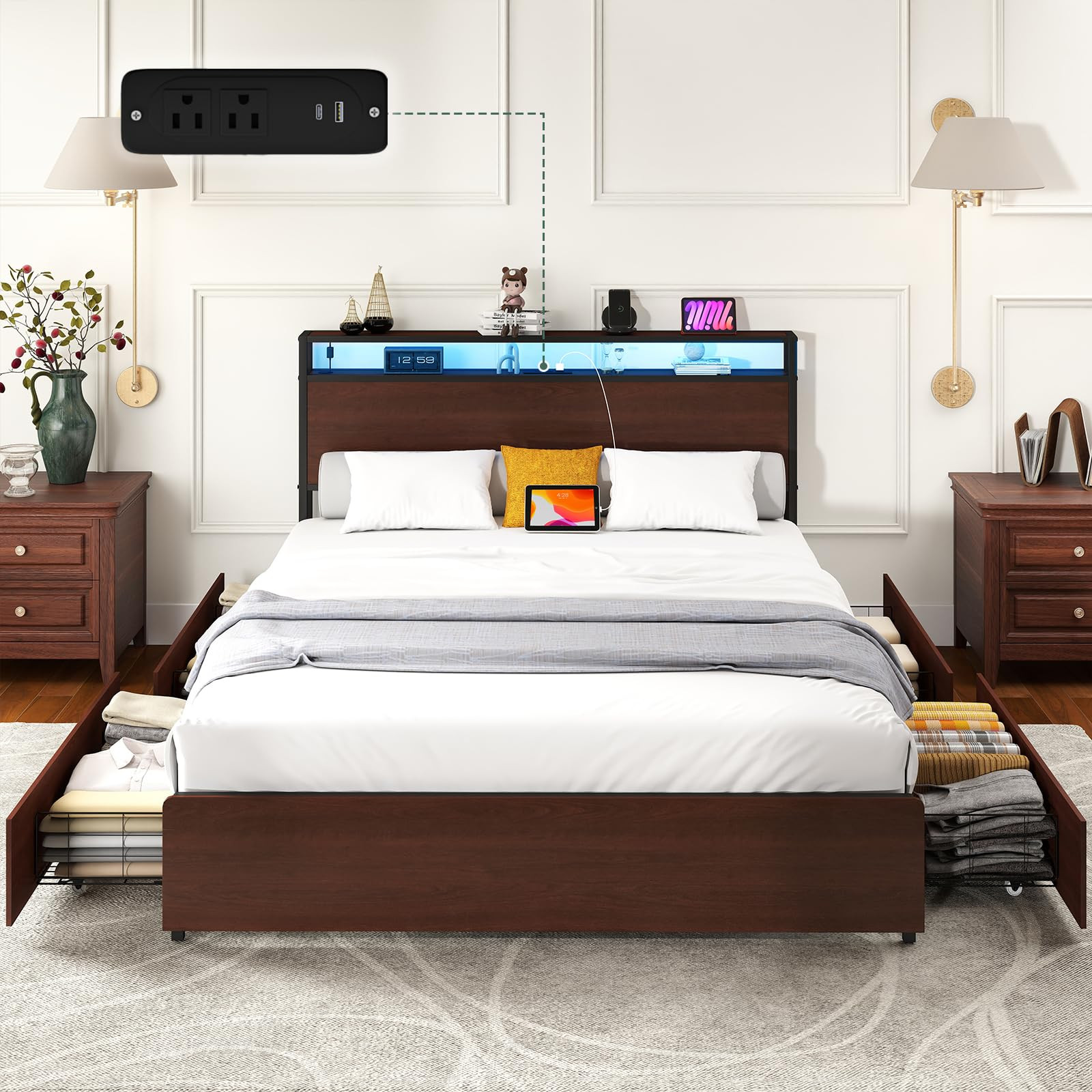 Queen Size Bed Frame with 4 Storage Drawers, Queen Platform Bed Frames with 2 Tier Storage Headbo... | Amazon (US)