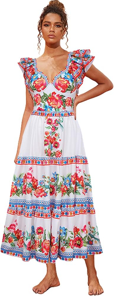 FLAXMAKER V Neck Ruffle Shoulder Embroidery Pattern Printed One Piece Swimsuit and Skirt | Amazon (US)