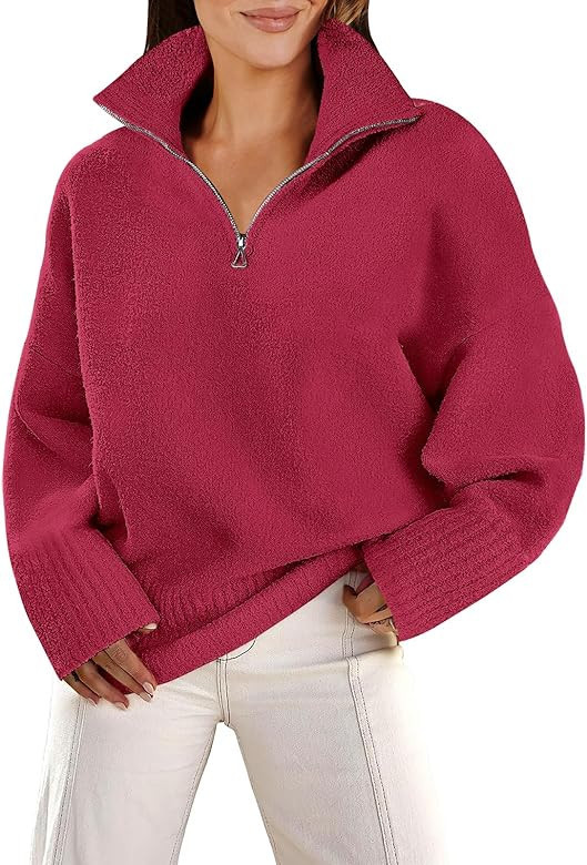 ANRABESS Women's Half Zip V Neck Oversized Sweater Fall 2023 Fuzzy Knit Chunky Warm Pullover Swea... | Amazon (US)