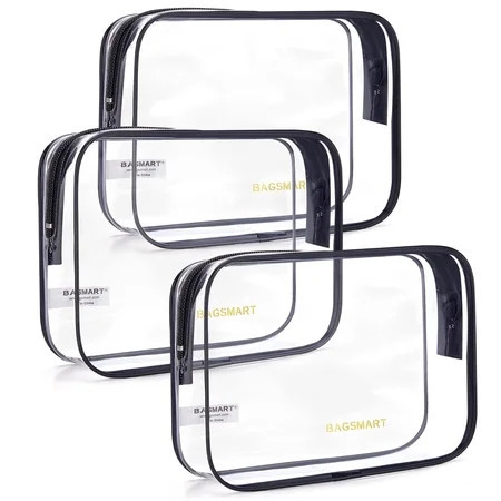 BAGSMART Clear Toiletry Bag, 3 Packs TSA Approved Water resistant Quart Size Travel Organizer, Airport Airline Travel Essential Carry On Makeup Cosmetic Bags for Women, Black | Walmart (US)