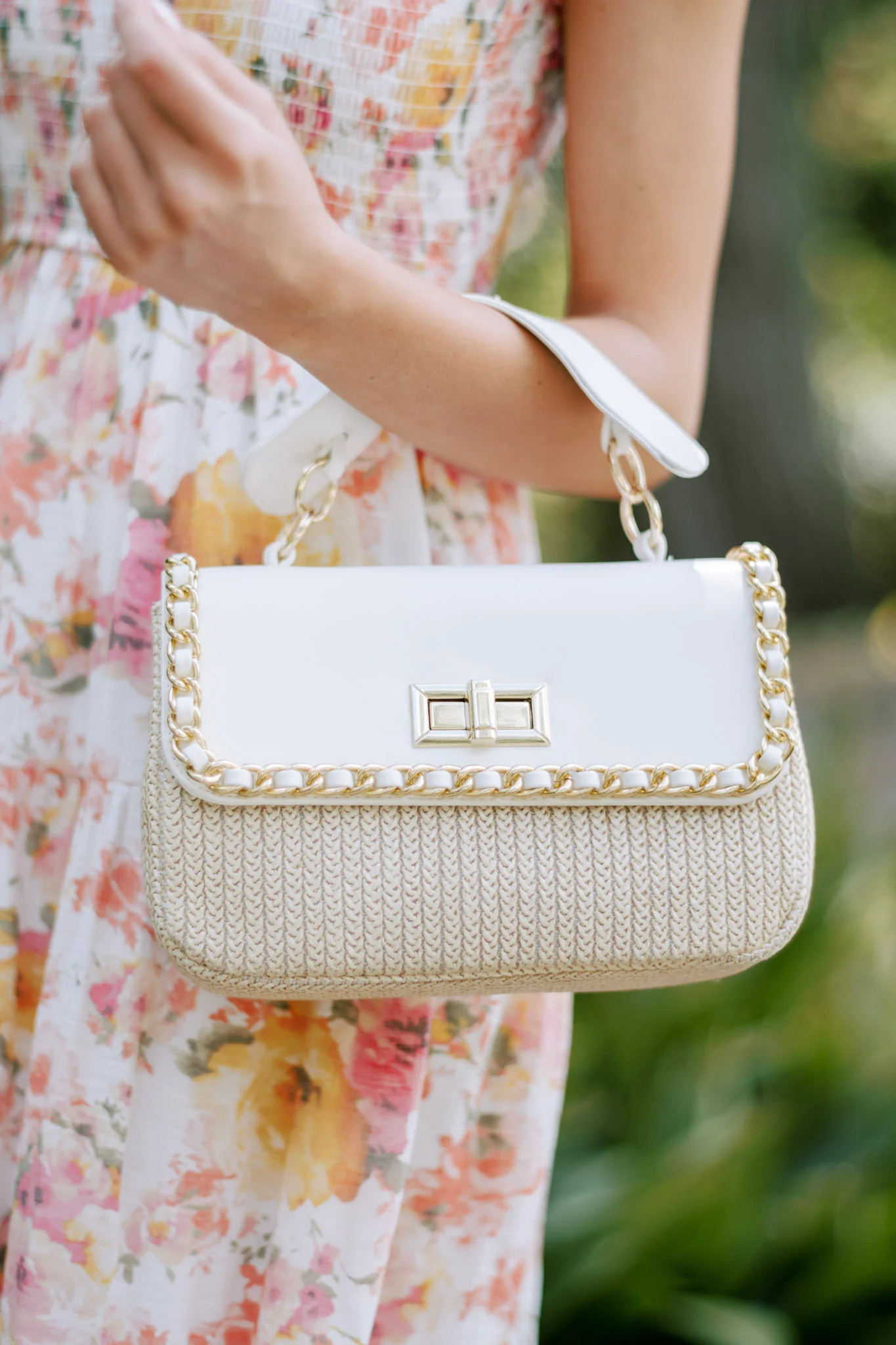 Expressive Echoes White Rattan Handbag | Red Dress