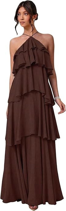 SOLY HUX Women's Sundresses Ruffle Layered Halter Flowy Maxi Dress Elegant Wedding Guest Dresses | Amazon (US)