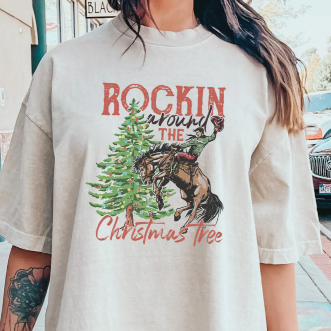 Comfort Colors® Rockin' Around the Christmas Tree Shirt, Retro Christmas Western Shirt, Cowboy C... | Etsy (US)