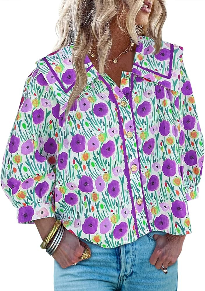 Cicy Bell Womens Floral Button Down Shirts Trendy Casual 3/4 Lantern Sleeve Blouse Square Neck Co... | Amazon (US)