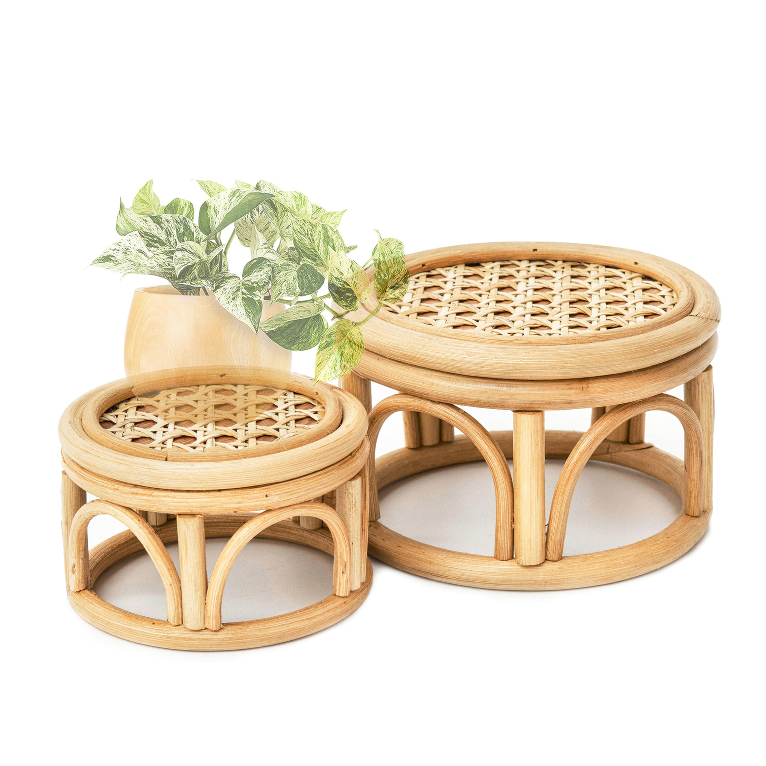 Set of 2 Small Boho Rattan Wicker Round Riser Plant Stand Indoor,Rustic Farmhouse Natural Wooden ... | Amazon (US)