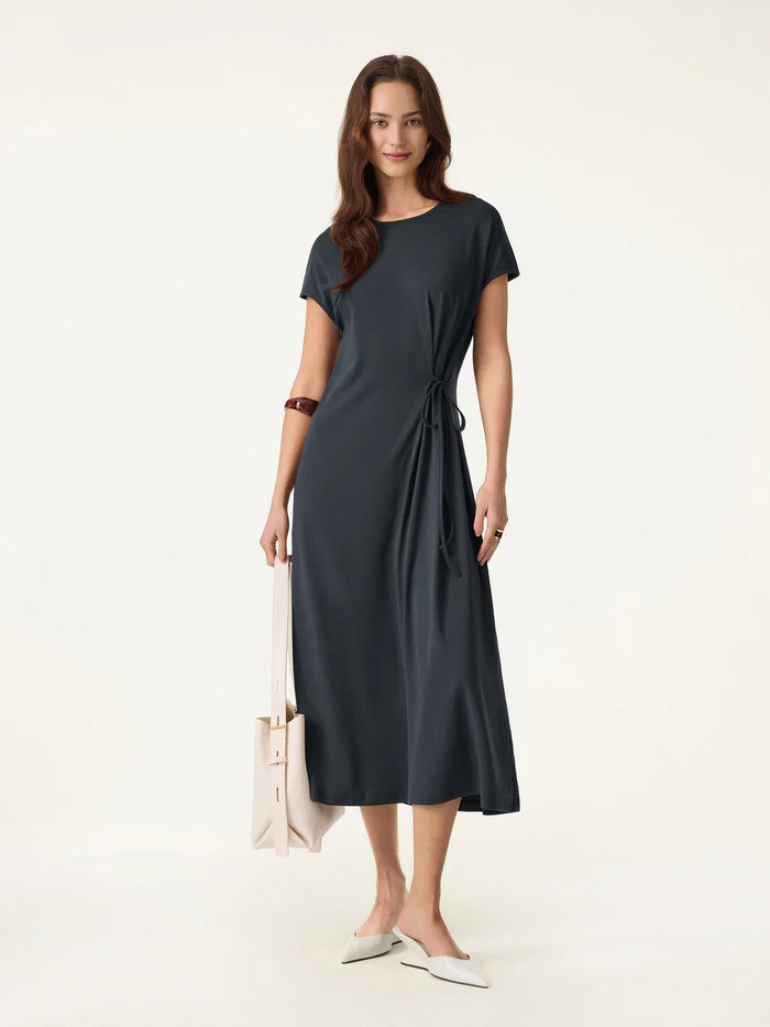 Cotton Lyocell Easy Airy Midi Dress with Self-Tie | OGLmove
