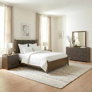Jordan 5-Piece Dark Walnut Wood King Panel Bedroom Set with 2 Nightstands and Dresser/Mirror With Faux Leather Panels | The Home Depot