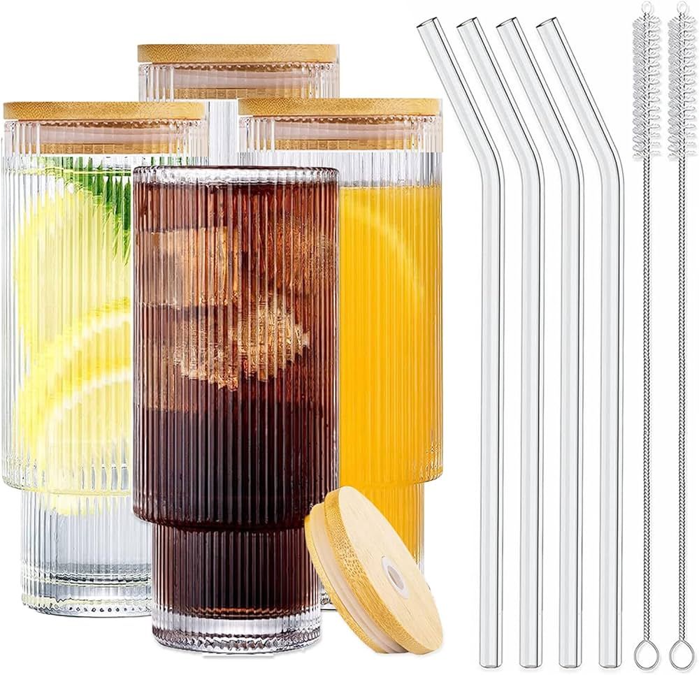 Ribbed Glassware Glasses with Bamboo Lids and Straw, MUJUZE 11oz Vintage Ribbed Glasses Rippled C... | Amazon (CA)