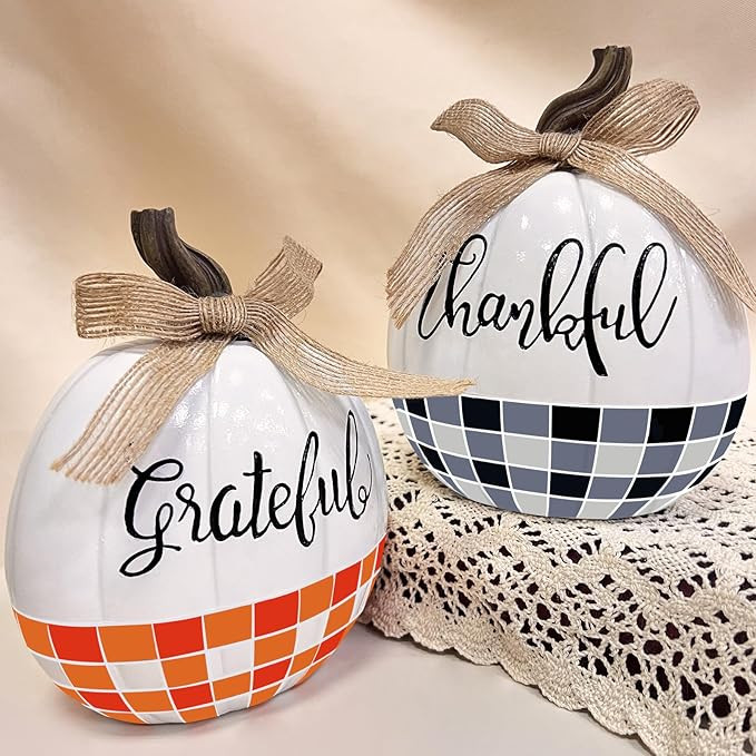 TURNMEON 2 Pcs Fall Thanksgiving Decorations, 3D Resin Pumpkin Decorations, Thanksful Gratefully ... | Amazon (US)