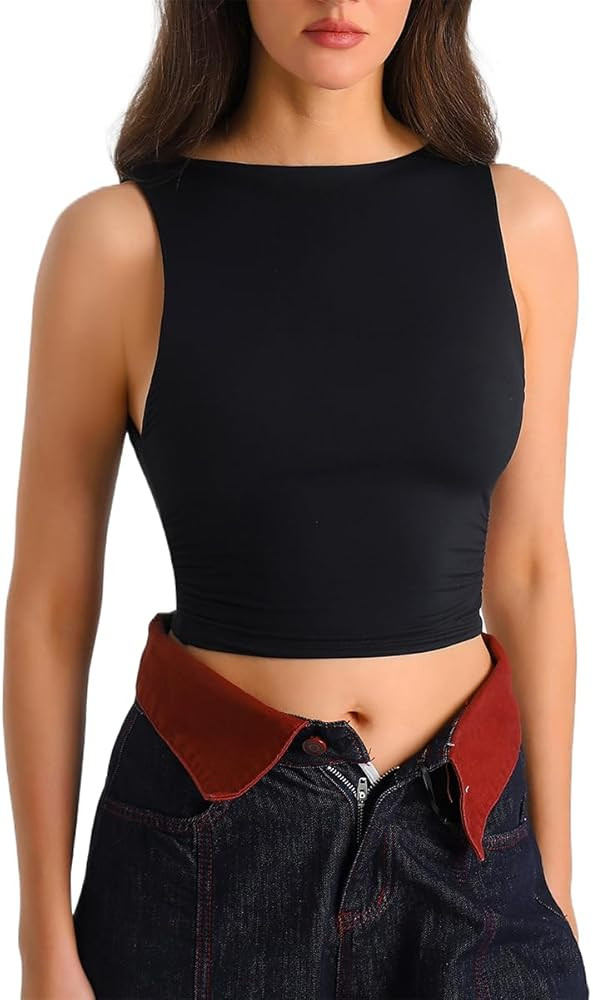 HOYAYO Women's Reversible Slim Fit Tank Top Boat Neck Sleeveless Dropped Armholes Side Ruched Dou... | Amazon (US)