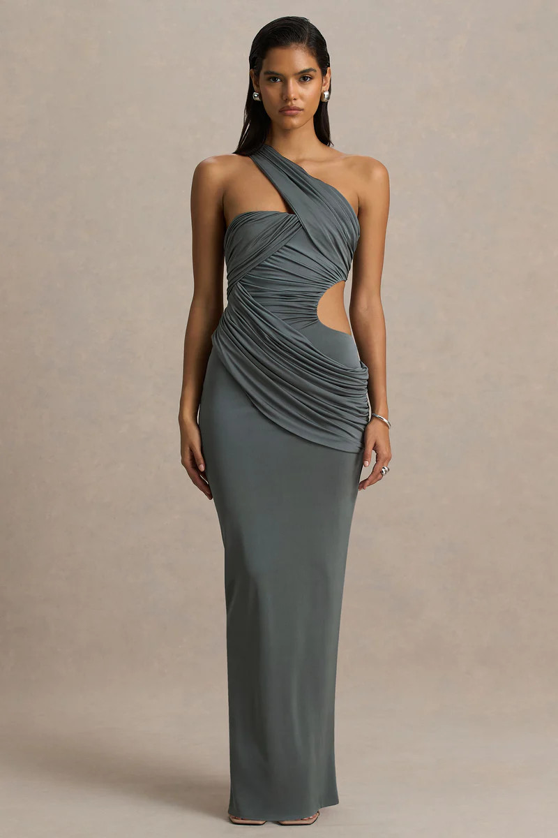Serefine  Grey Asymmetric-Neck Maxi Dress With Body Cut-Out | Club L London