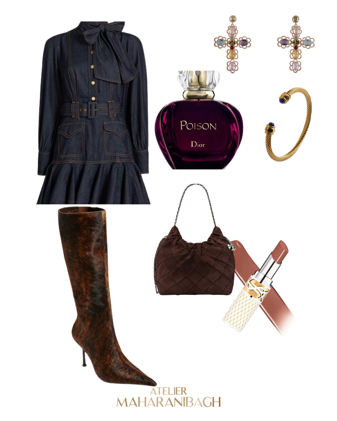 You know those days when you want to look effortlessly put together — without really trying? This look started from that exact mood.

I’ve always loved the balance of denim and decadence — something about pairing a structured denim dress with couture jewels feels rebellious yet refined. The boots add confidence, the quilted bag softens it, and Dior’s Poison ties it all together in the most unexpected way — deep, mysterious, unforgettable.

And those earrings? One of my favourite Atelier Maharanibagh pieces — delicate cross silhouettes that catch the light like a secret. They make even an everyday outfit feel like a moment.

That’s the beauty of styling — when you mix bold with classic, structure with shimmer, it becomes you.

Explore this mood and more at www.mbagh.com 

 