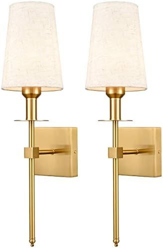 Gold Wall Sconce Sets of 2 Beige Linen Shade Plug-in Porch Light Modern Sconces Brass Wall Lamp L... | Amazon (US)