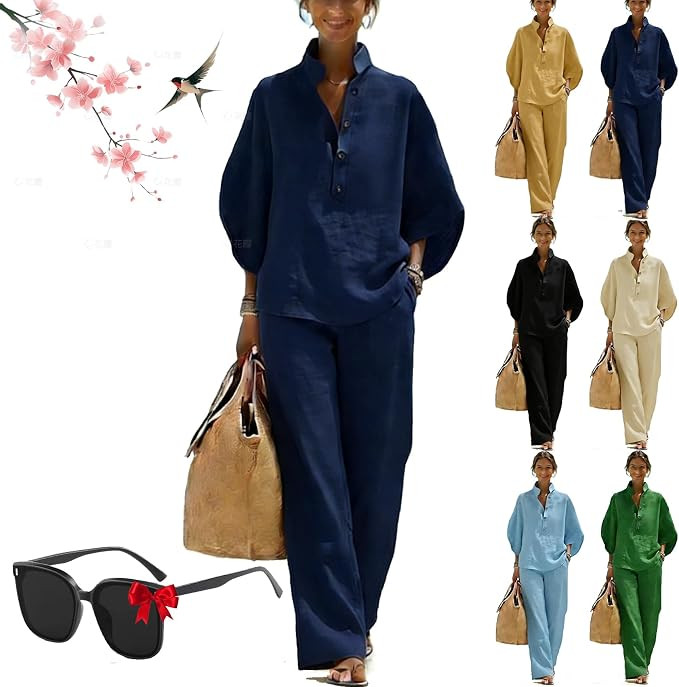 Women’s Batwing Sleeve Linen Cotton Two-Piece Set – Casual Shirt & Wide Leg Pants Outfit, Wom... | Amazon (US)
