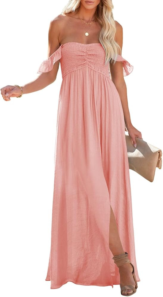 Happy Sailed Women's 2024 Summer Smocked Off The Shoulder Maxi Dresses Ruffle Short Sleeve A Line... | Amazon (US)