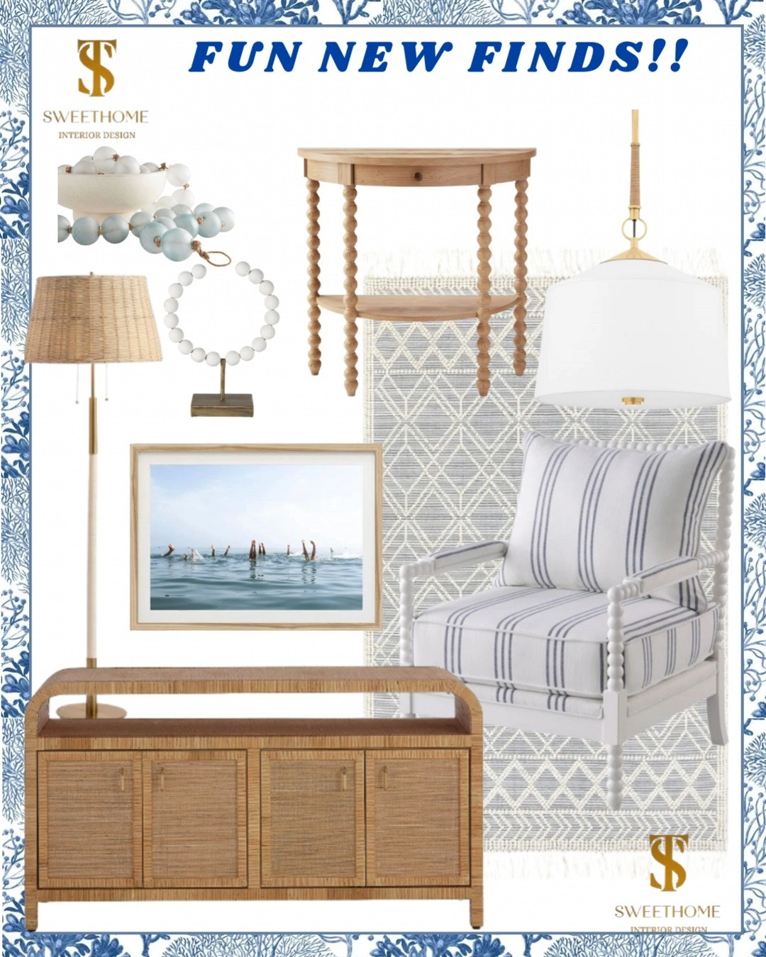 fun new finds. coastal home decor, coastal rug, coastal artwork, geometric floral scallop wallpaper roll, coastal wallpaper,serena and lily floor lamp, serena and lily side table, overhead lighting, bleu and white, amazon rug, sideboard, rattan sideboard, grandmillenial home, stsweethome. 

 #LTKHome