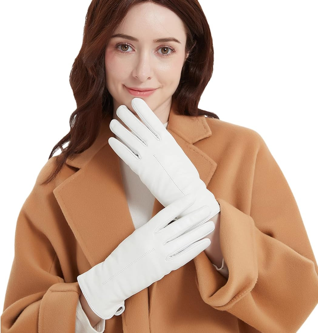 NOVBJECT Leather Gloves for Women Winter Full Touch Screen Genuine Leather Warm Cashmere Knitted ... | Amazon (US)