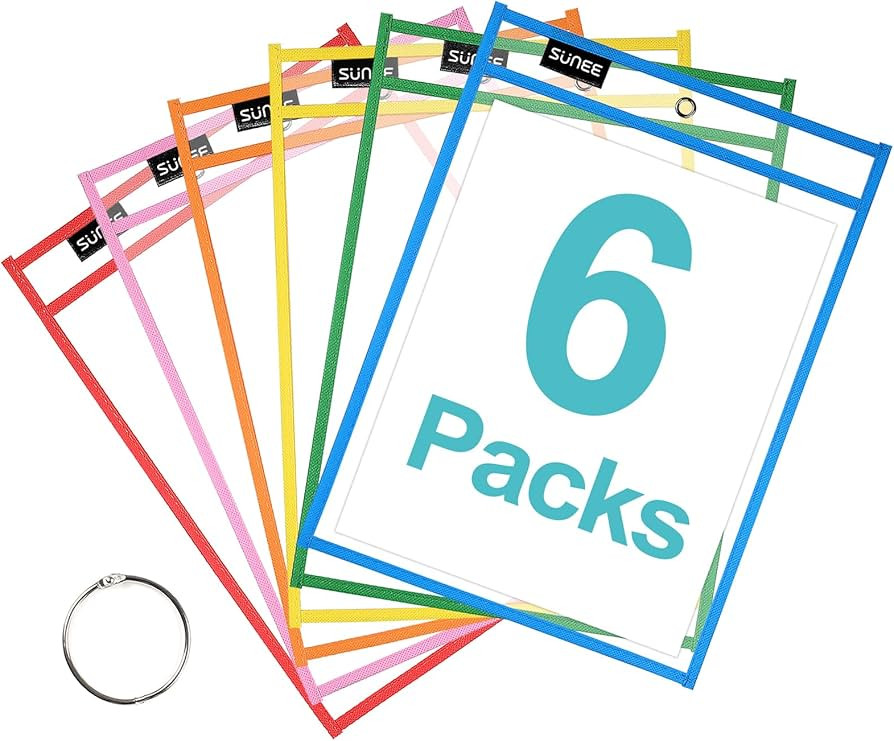 SUNEE 6 Packs Oversized Reusable Dry Erase Pocket Sleeves with Binder Ring, 6 Assorted Colors 10x... | Amazon (US)