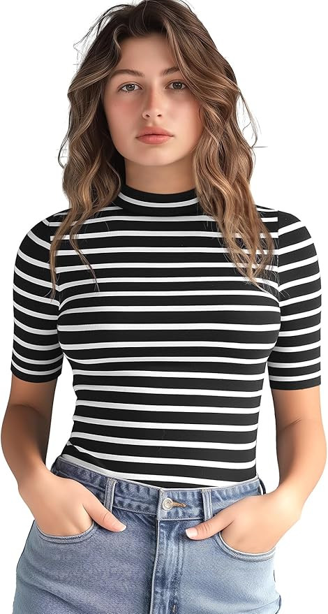Zengjo Short Sleeve Turtleneck Women Striped T Shirt,Ribbed Mock Neck Top | Amazon (US)