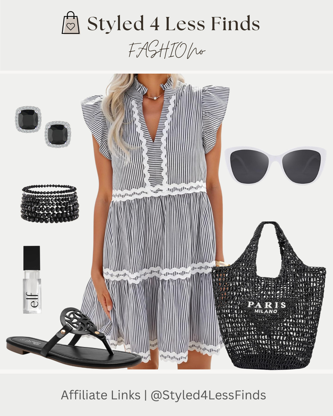 Easy, breezy, and effortlessly chic 🖤 This striped mini dress is one of those throw-on-and-go pieces that still looks totally put together. The ruffle details + flowy fit give it that flattering, feminine feel while keeping things super comfortable for warm days.

Paired it with simple black accessories to keep the look classic—because you can never go wrong with a black + white combo 🤍

Style Tip:
When wearing a statement dress like this, keep your accessories minimal and in the same color family. It lets the details of the dress stand out while still looking polished and cohesive. 

 #LTKcanada #LTKdresses #LTKover50style