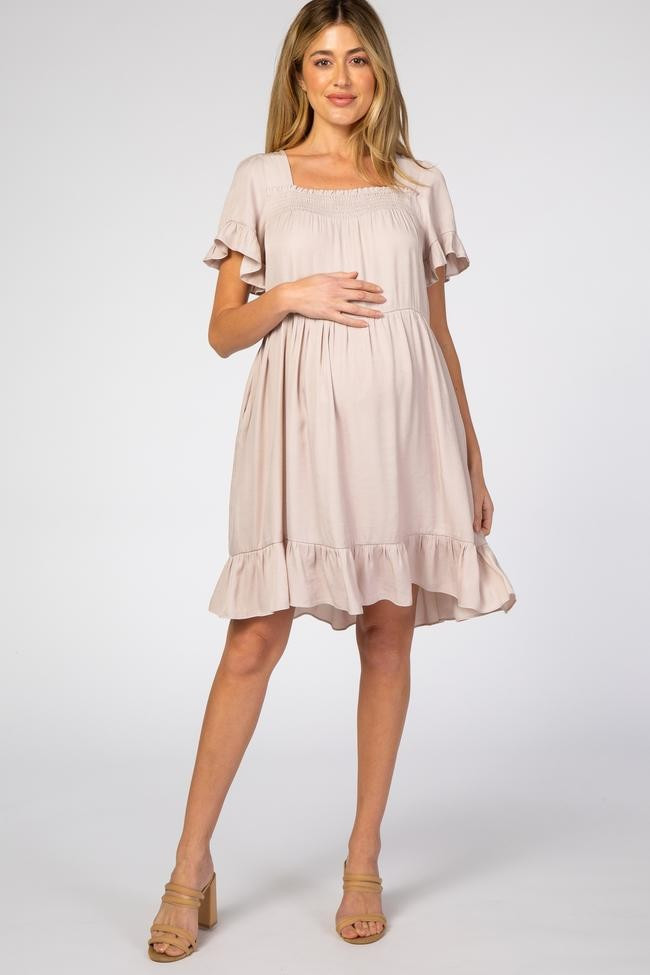 Light Taupe Tiered Ruffle Maternity Dress | PinkBlush Maternity