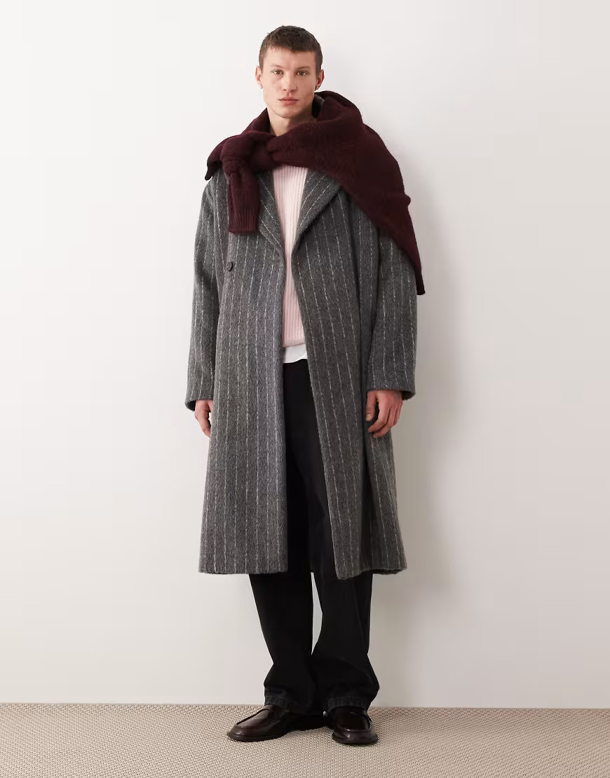 ASOS DESIGN oversized wool look overcoat in grey pinstripe | ASOS (Global)