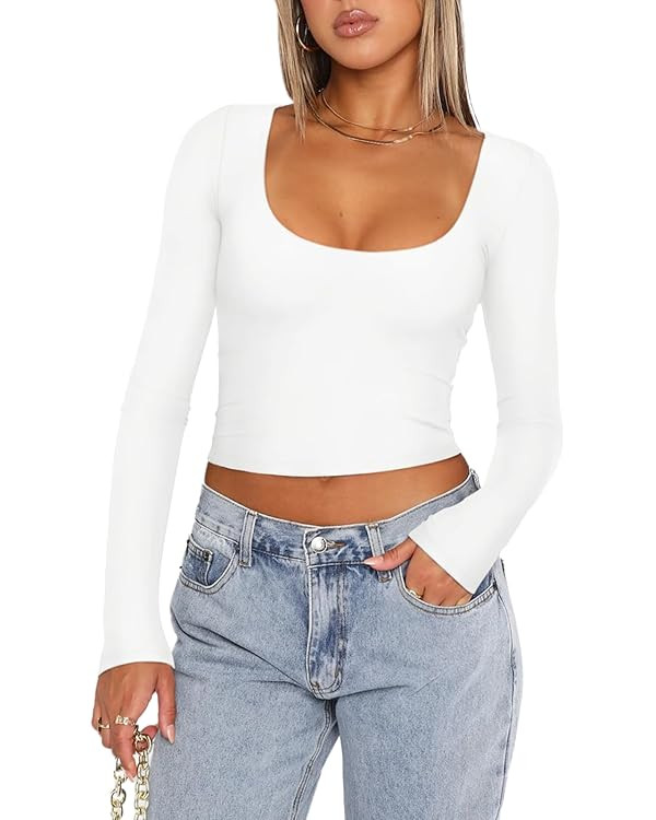 REORIA Women's Long Sleeve Scoop Neck Shirts Slim Double Lined Fashion Layering Fall Basic Crop T... | Amazon (US)